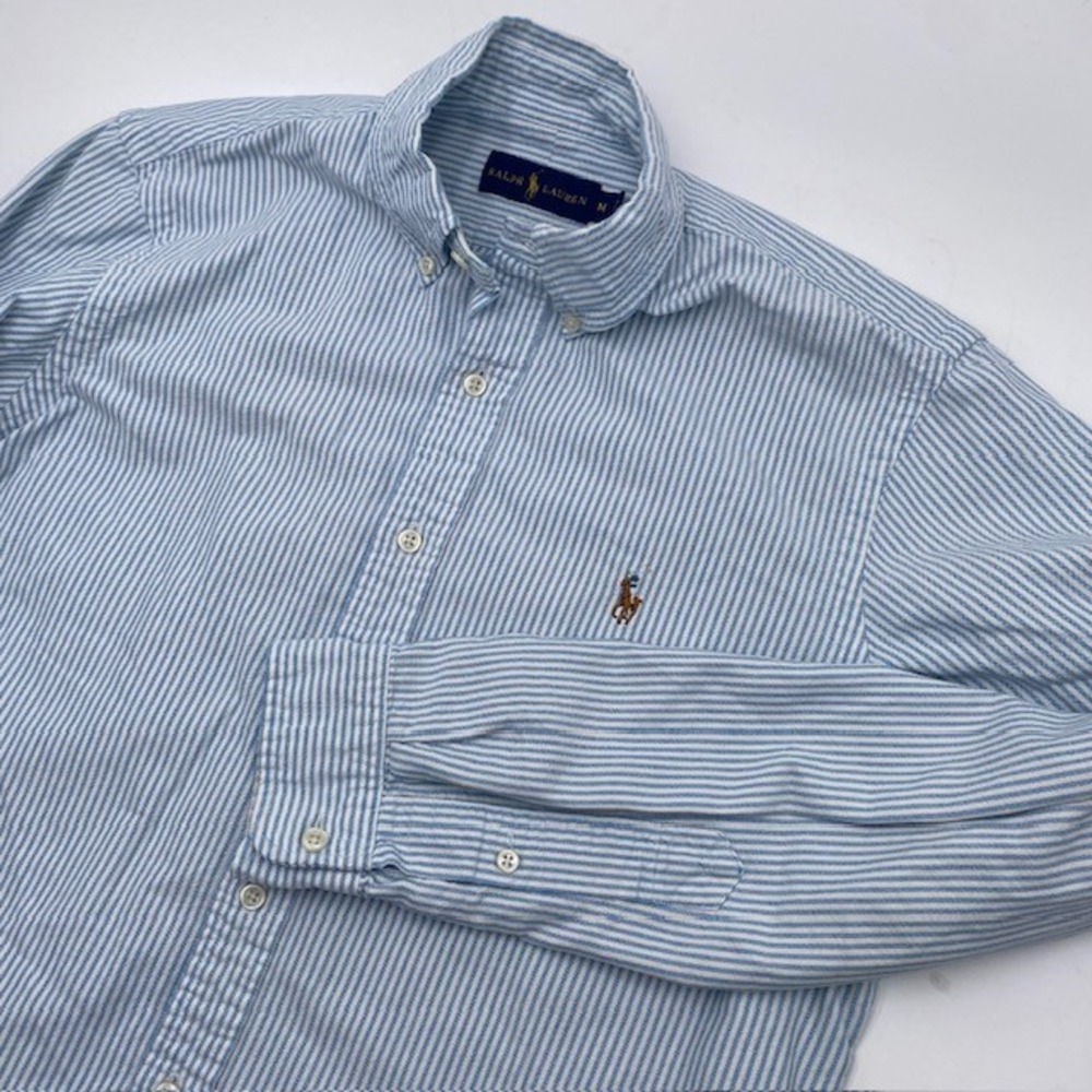 Ralph Lauren Striped Seersucker Button Down Shirt Mens M Blue flesh Pony Logo